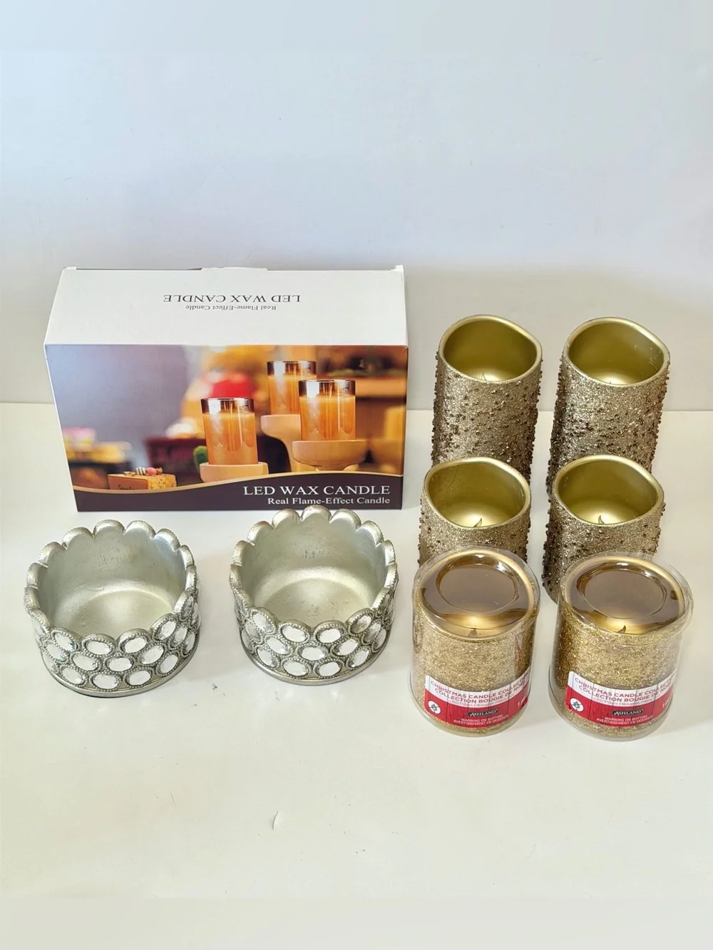 Holiday Decor Lot - 8 LED Flameless Candles and 2 Silver Crystal Holders
